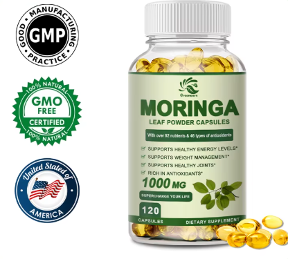 Moringa capsules bottle with certification marks