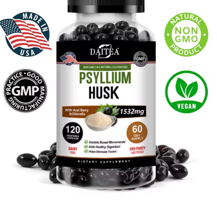 Psyllium husk 1532 mg bottle with certification marks