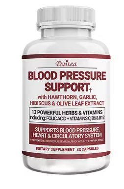 Blood pressure support with hawthorn, garlic, hibiscus and olive leaf, 30 capsule bottle