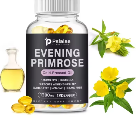 Evening primrose oil bottle with primrose flowers