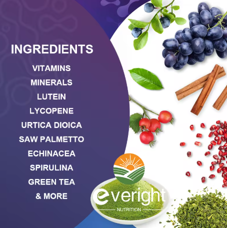 Men's daily multivitamin ingredients: vitamins, minerals, lutein, lycopene, saw palmetto, echinacea, spirulina, green tea